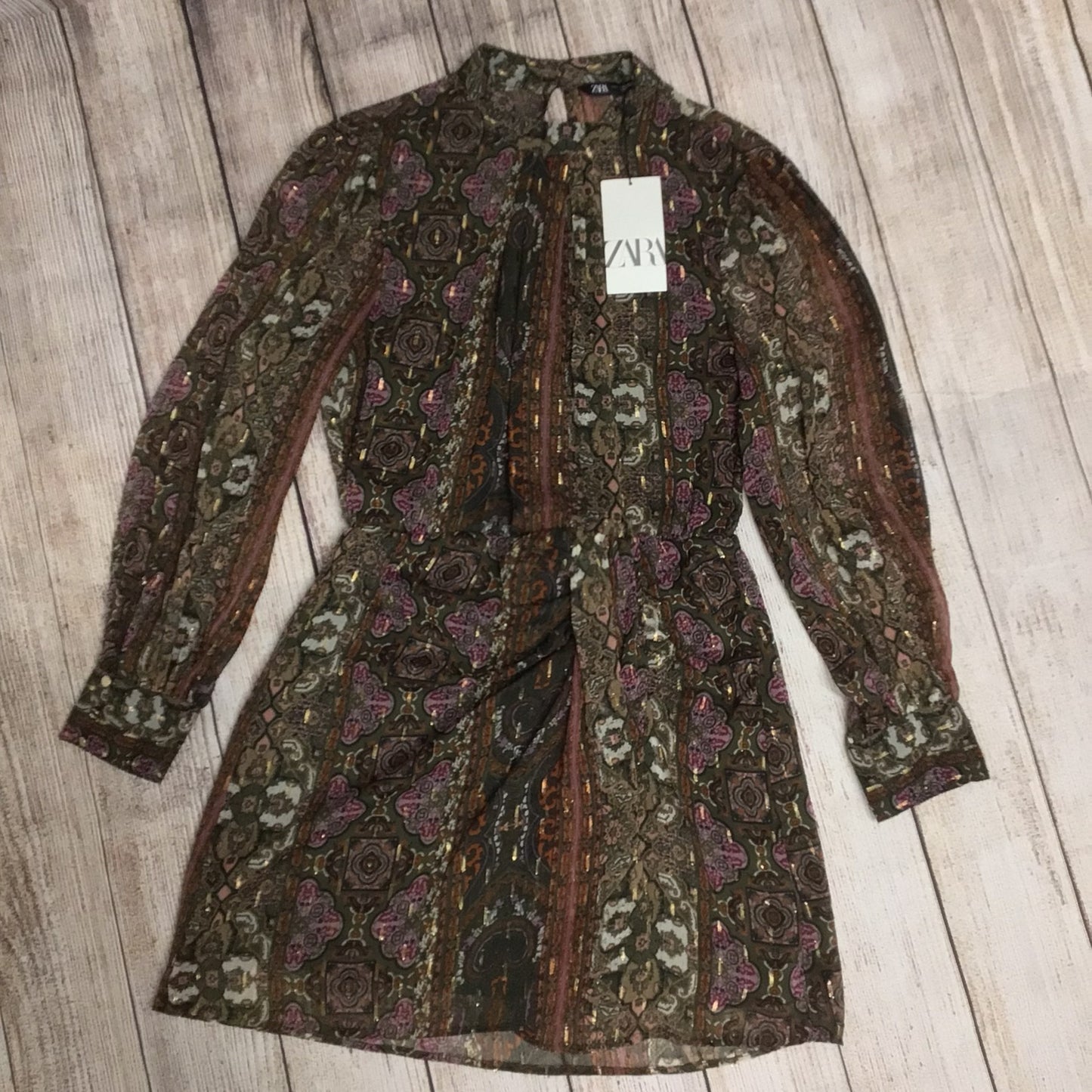 BNWT Zara Brown Multi Print Sheer Long Sleeved Dress RRP 45.99 Size L