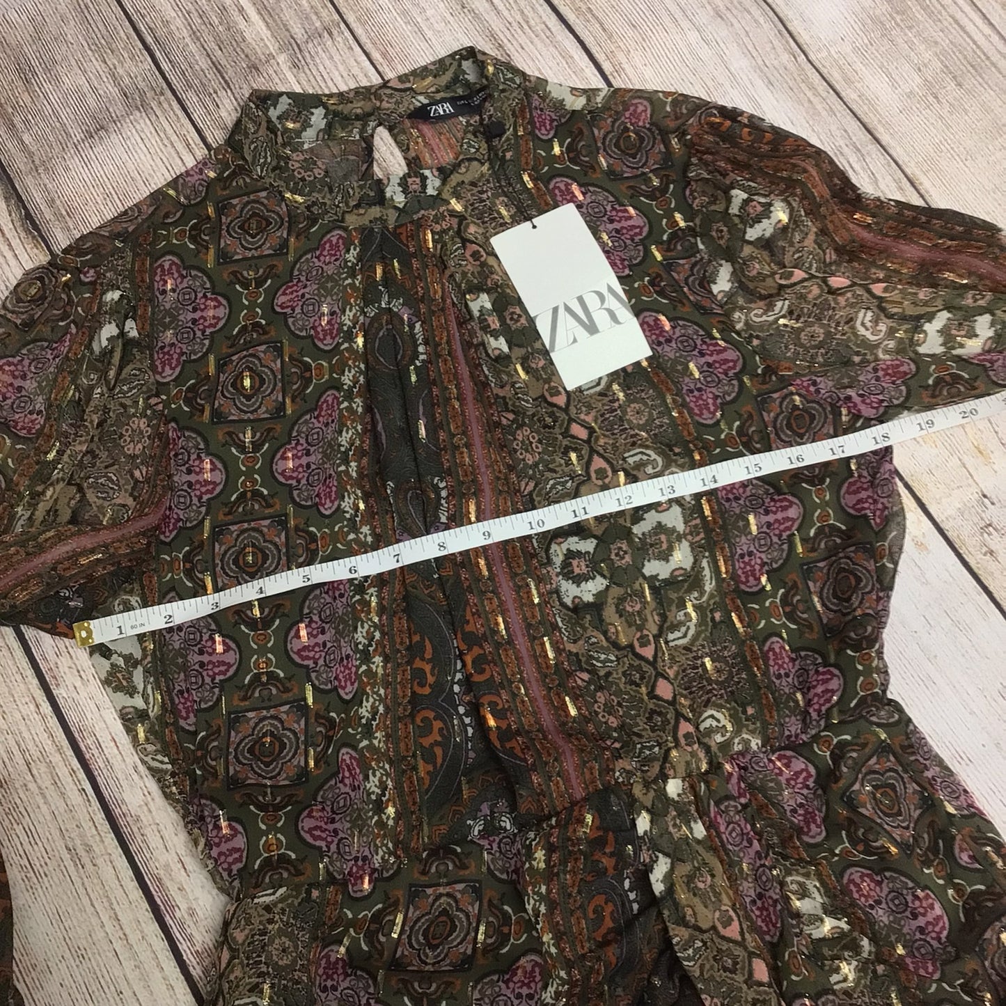 BNWT Zara Brown Multi Print Sheer Long Sleeved Dress RRP 45.99 Size L