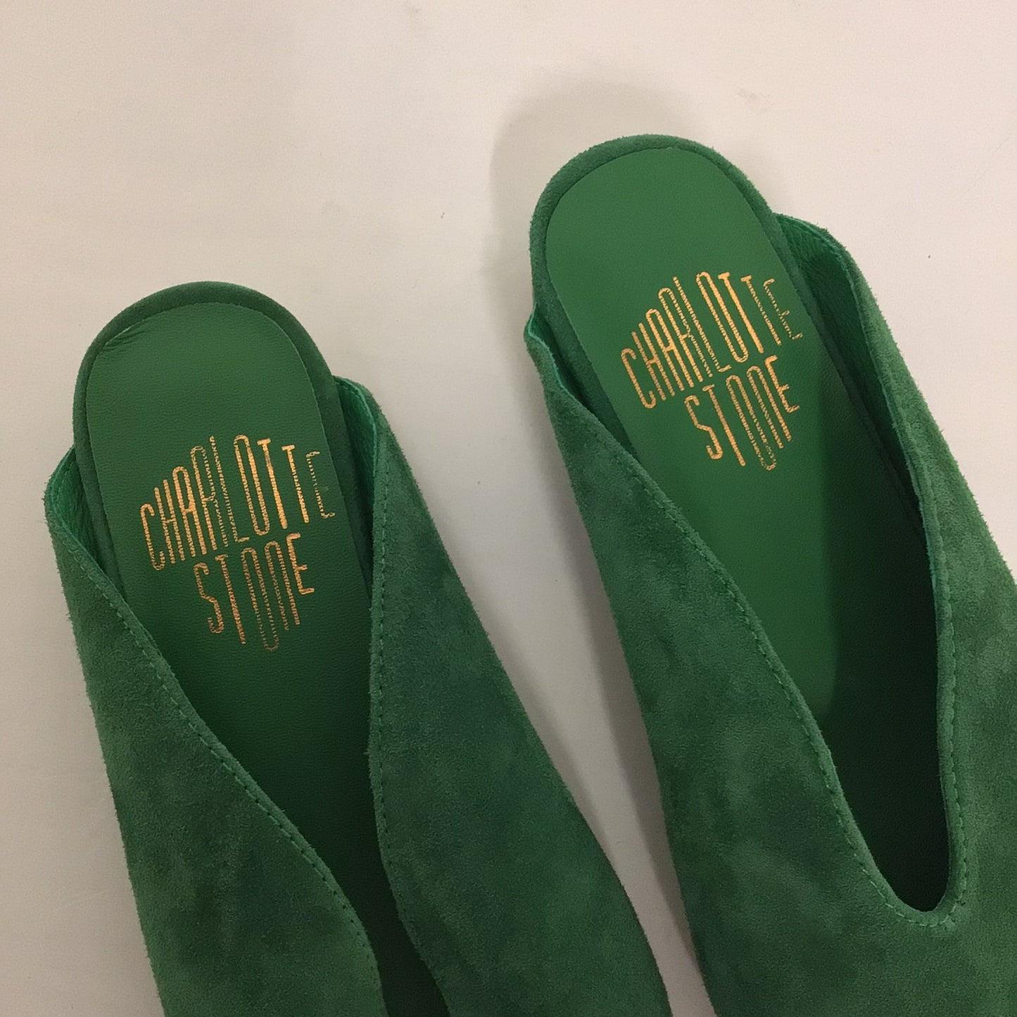 Charlotte Stone Green Calvin Slides Suede Leather Size 5