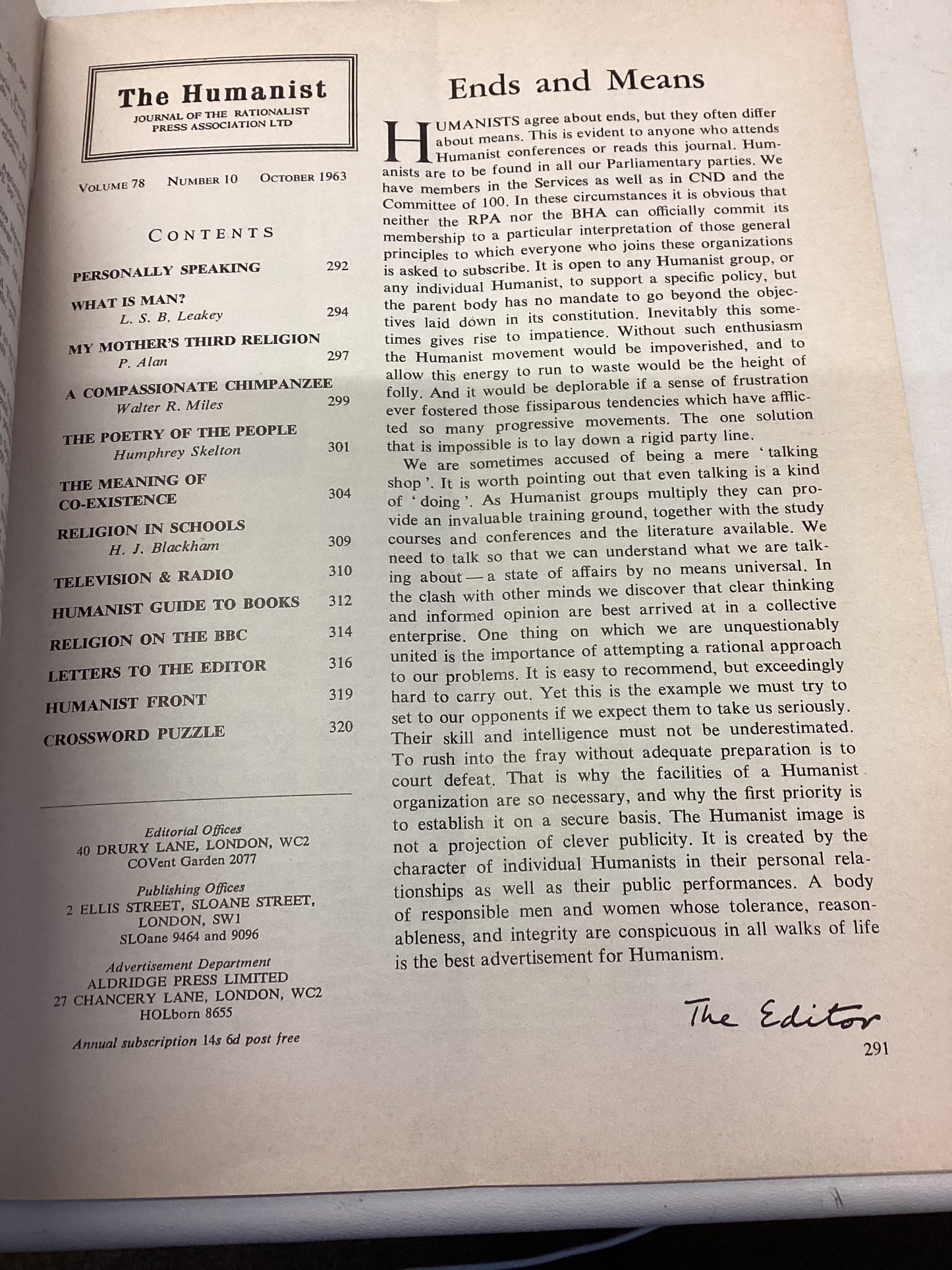 The Humanist L S B Leakey What is Man 1963 Volume 78 Number 10