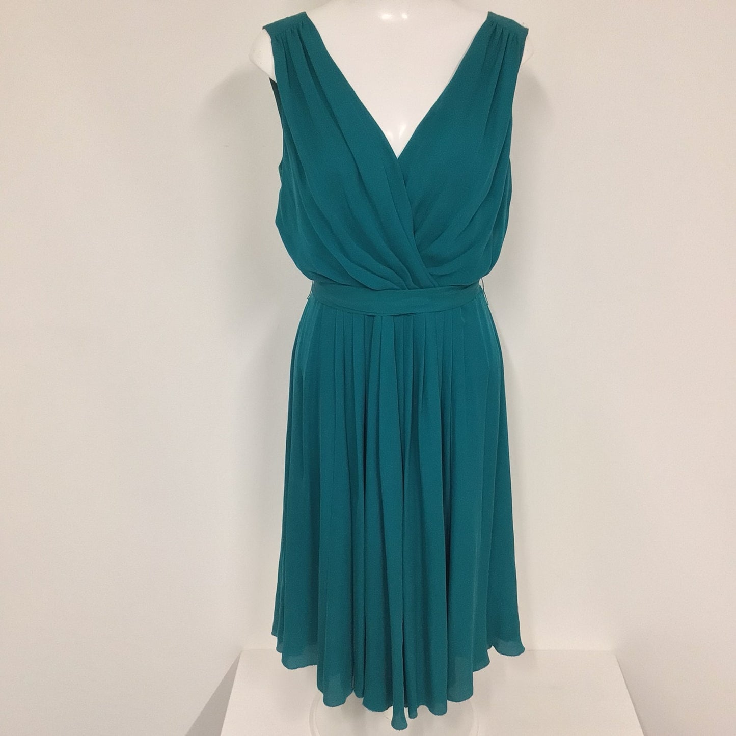 BNWT Jaeger Teal Green V Neck Dress w/Tie Waist 100% Silk Size 14