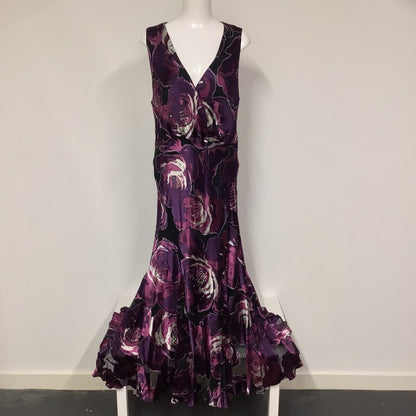 Ann Harvey Purple Floral Silk Blend Long Dress w/Sequin Detailing Size 18