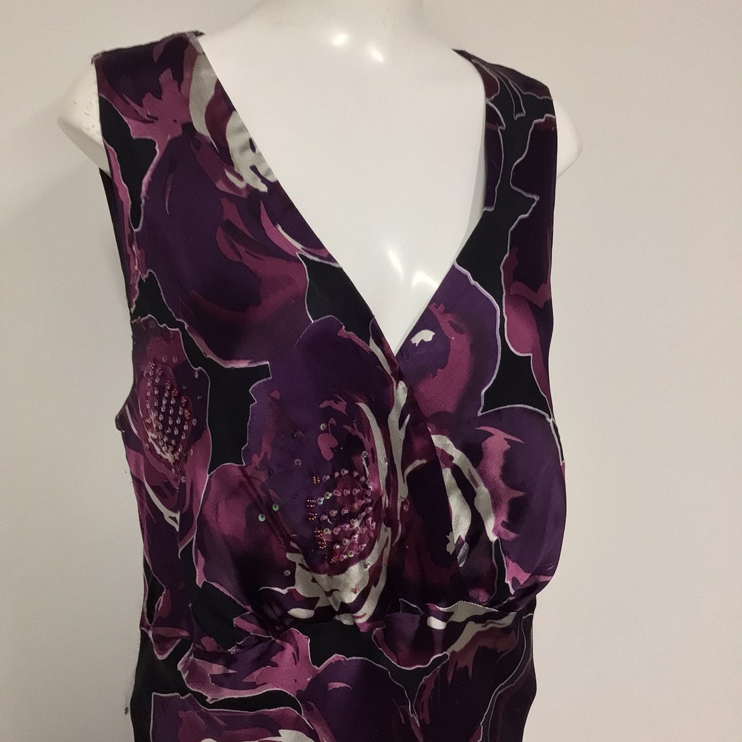 Ann Harvey Purple Floral Silk Blend Long Dress w/Sequin Detailing Size 18