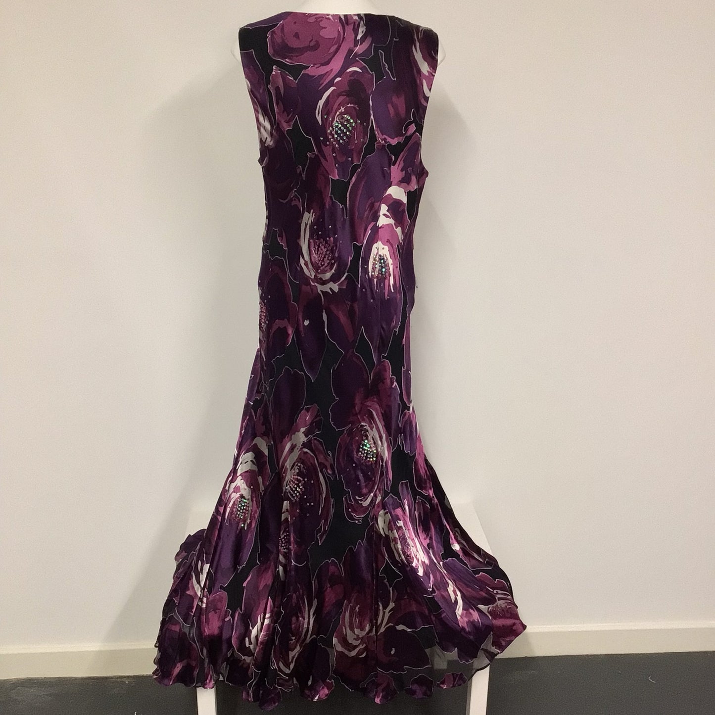 Ann Harvey Purple Floral Silk Blend Long Dress w/Sequin Detailing Size 18