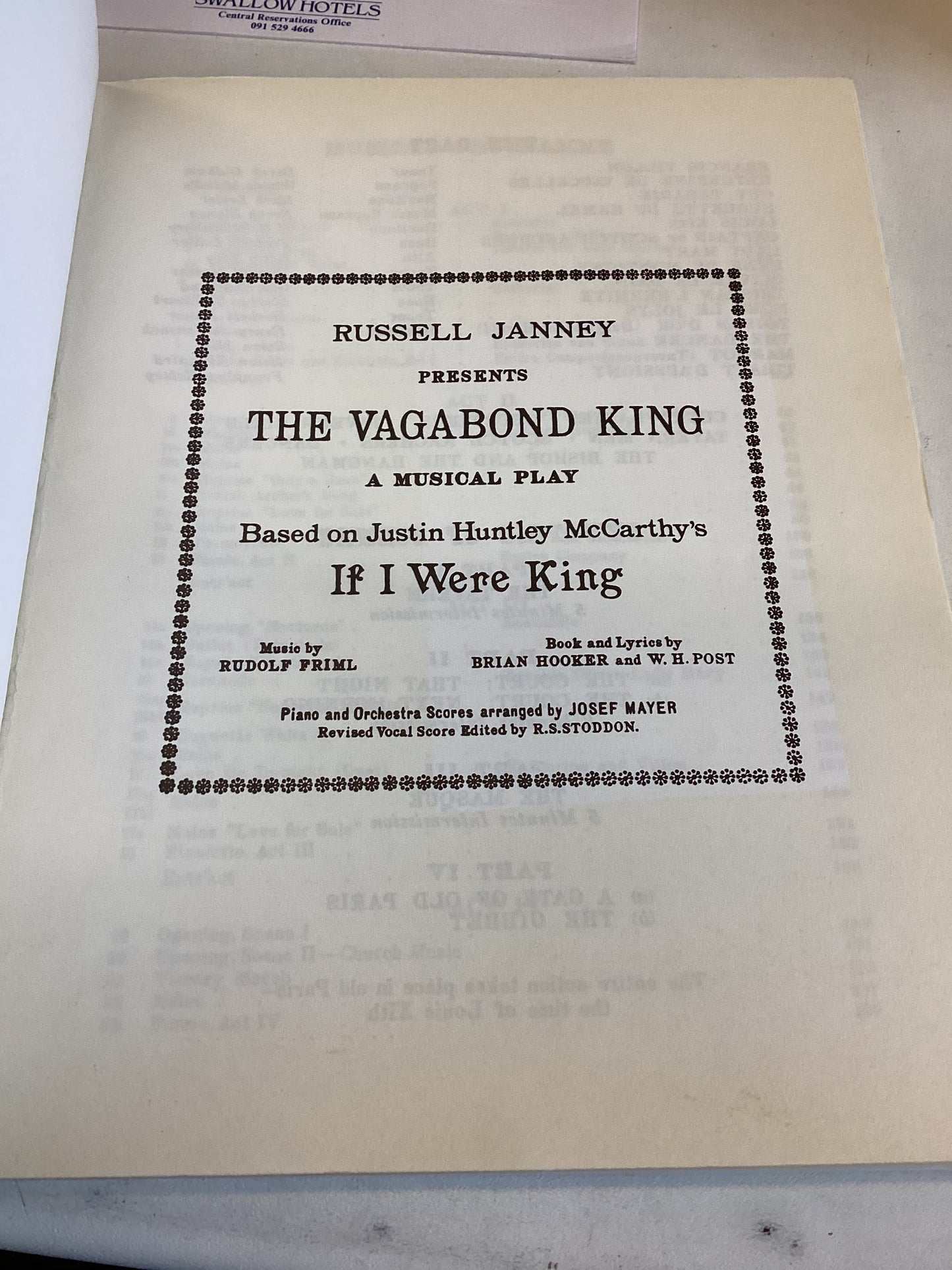 The Vagabond King Vocal Score Music By Rudolf Friml Book and Lyrics By W H Post and Brian Hooker
