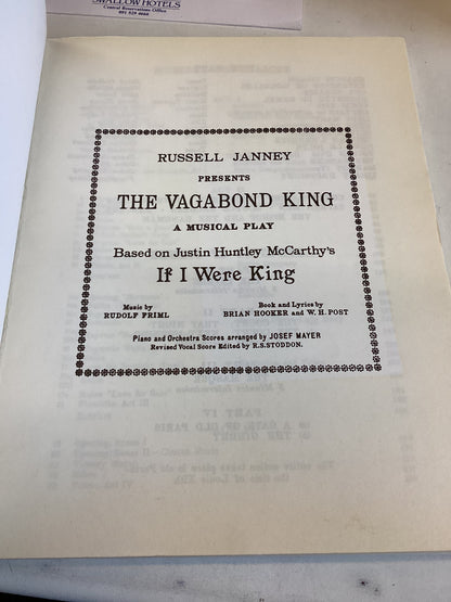 The Vagabond King Vocal Score Music By Rudolf Friml Book and Lyrics By W H Post and Brian Hooker