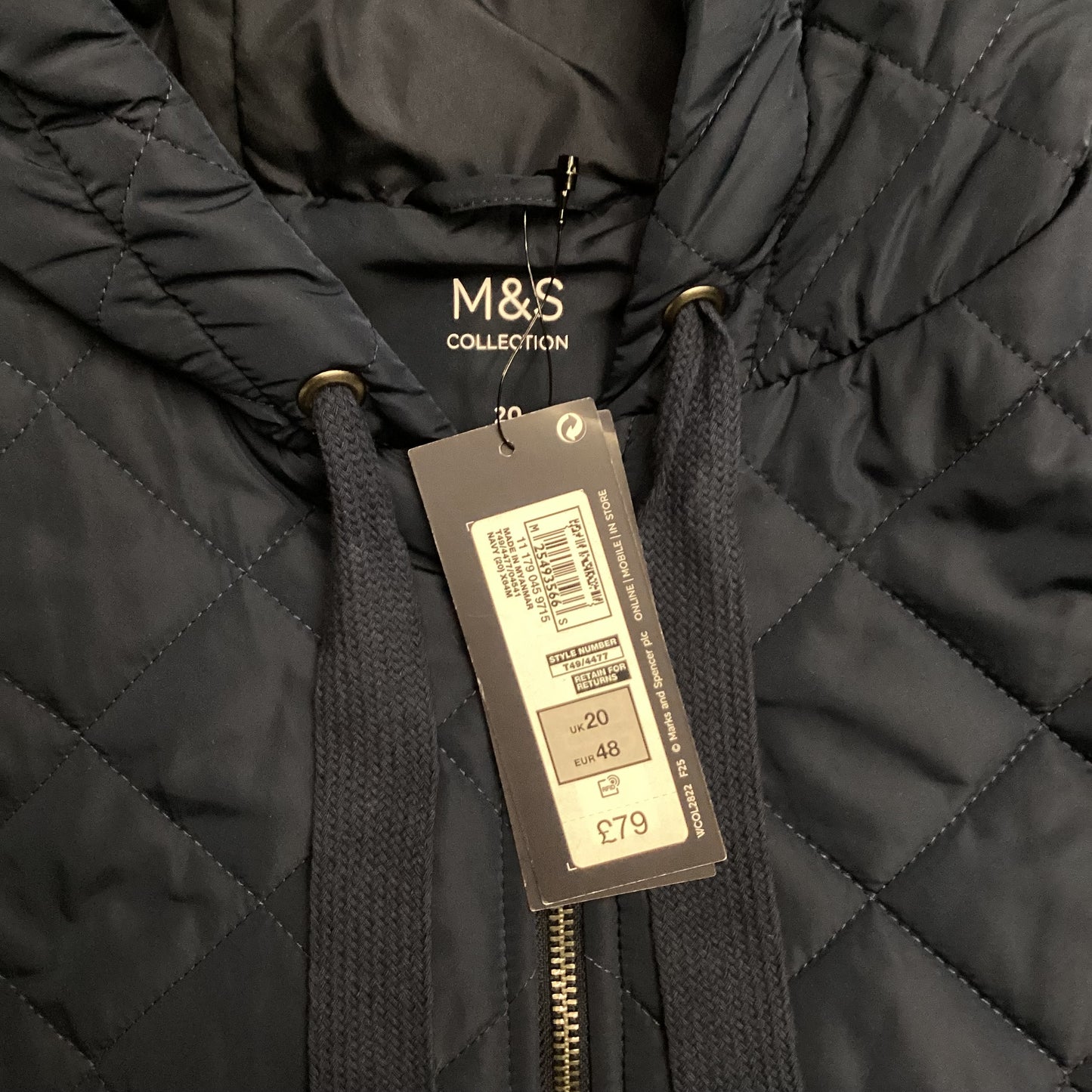 BNWT Marks & Spencer Navy Long Padded Coat Size 20