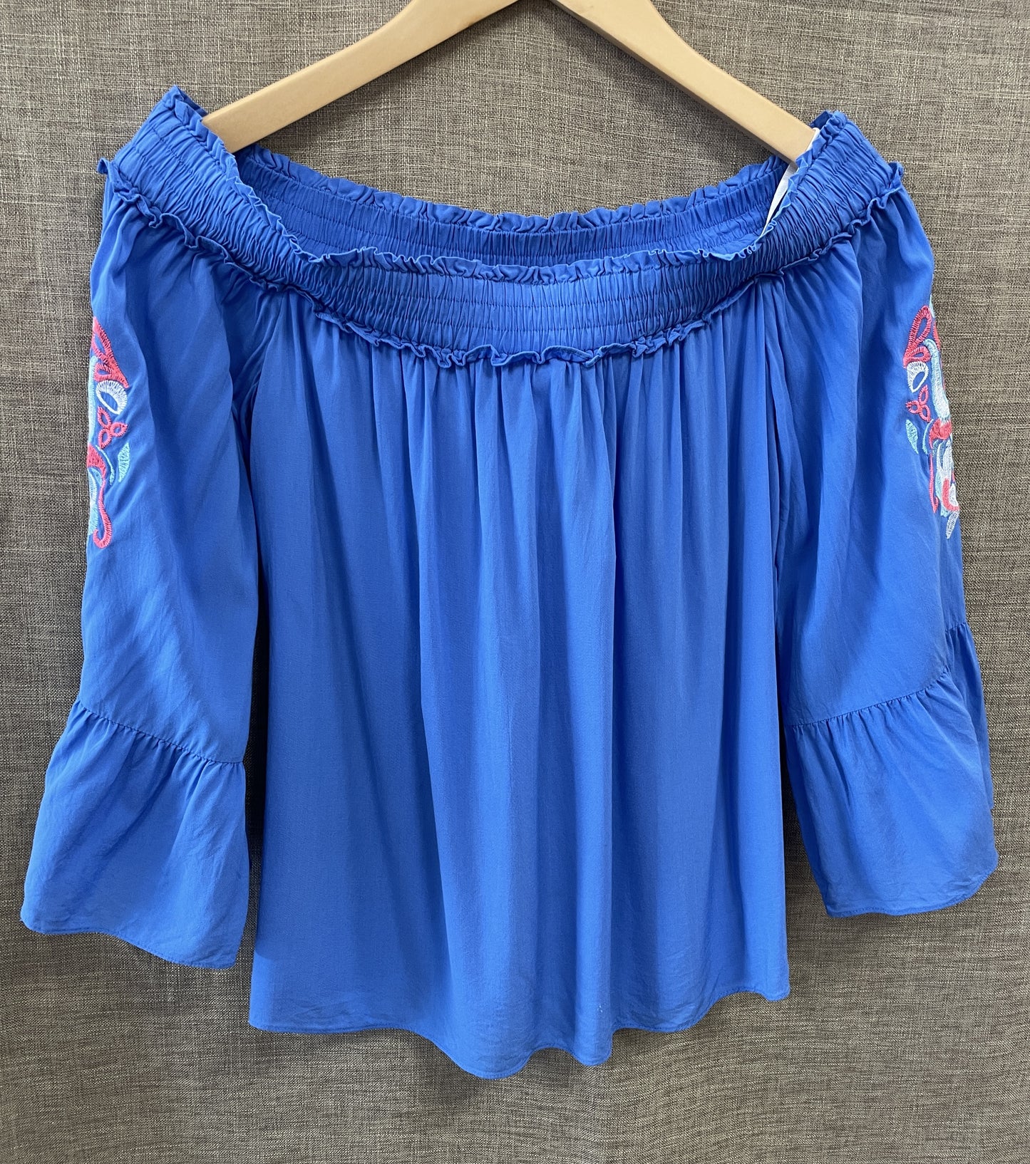 Lilly Pulitzer Blue Off Shoulder Flared Embroidered Sleeves Top Small