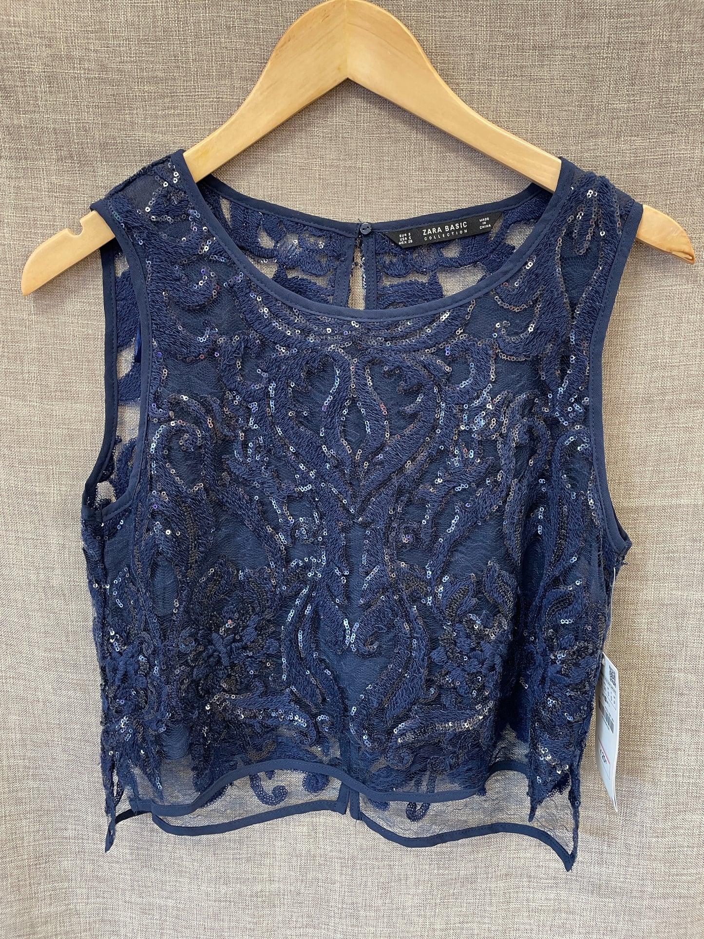 Zara New with Tags Navy Sequin Lace Crop Top Size Small