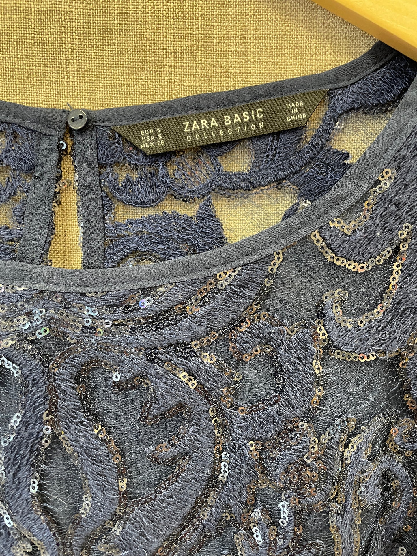 Zara New with Tags Navy Sequin Lace Crop Top Size Small