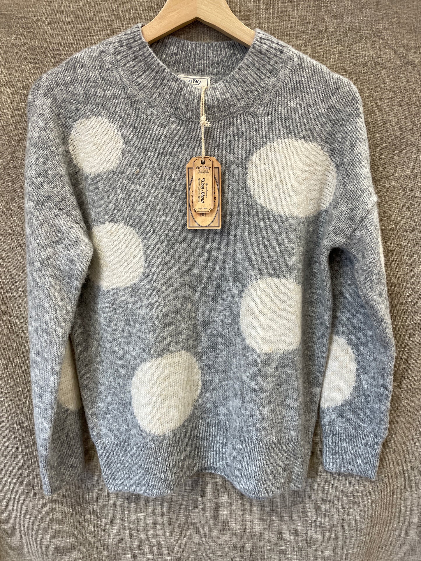 Fat Face New with Tags Grey with Cream Spots Wool Blend Crew Neck Long Sleeve Sweater Jumper Size 6