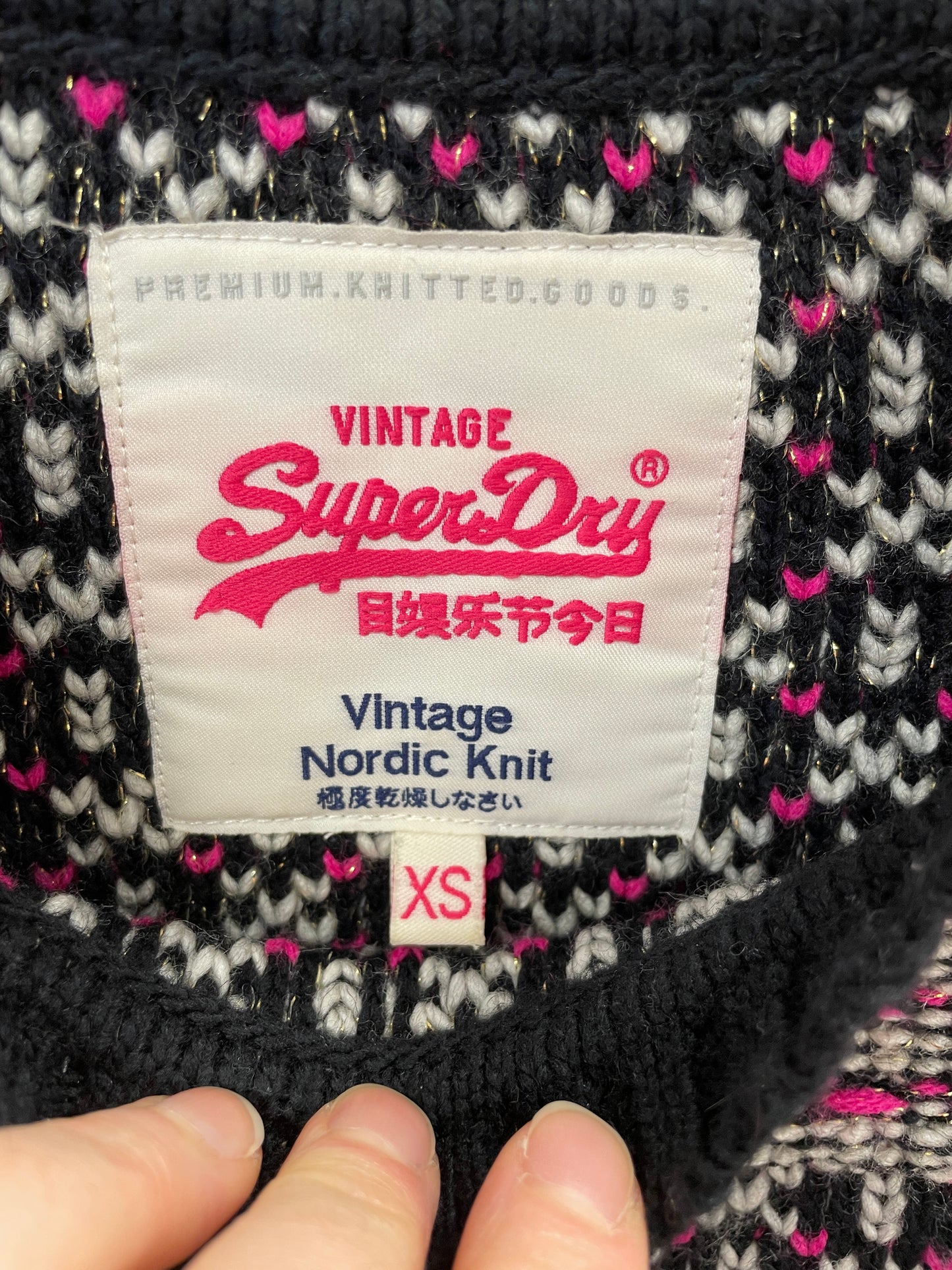 Superdry Vintage Nordic Knit Black, Pink & White Wool Blend Sweater Jumper Extra Small