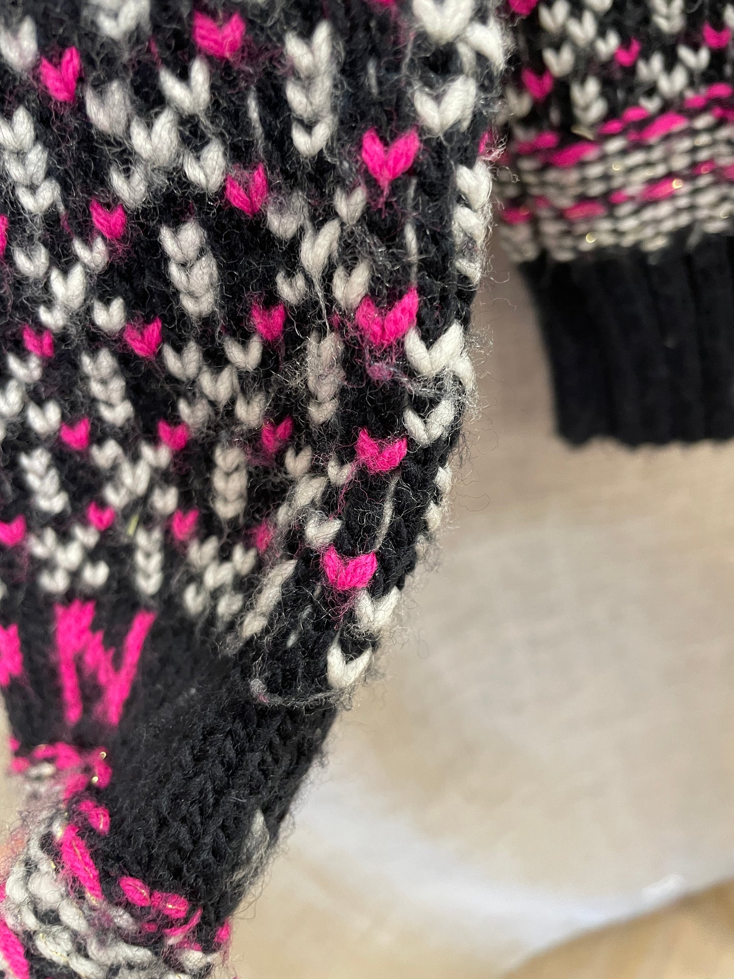 Superdry Vintage Nordic Knit Black, Pink & White Wool Blend Sweater Jumper Extra Small