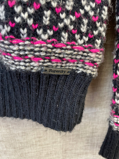 Superdry Vintage Nordic Knit Black, Pink & White Wool Blend Sweater Jumper Extra Small