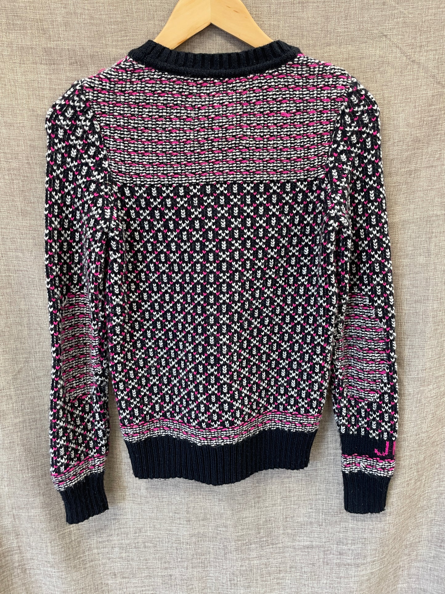 Superdry Vintage Nordic Knit Black, Pink & White Wool Blend Sweater Jumper Extra Small