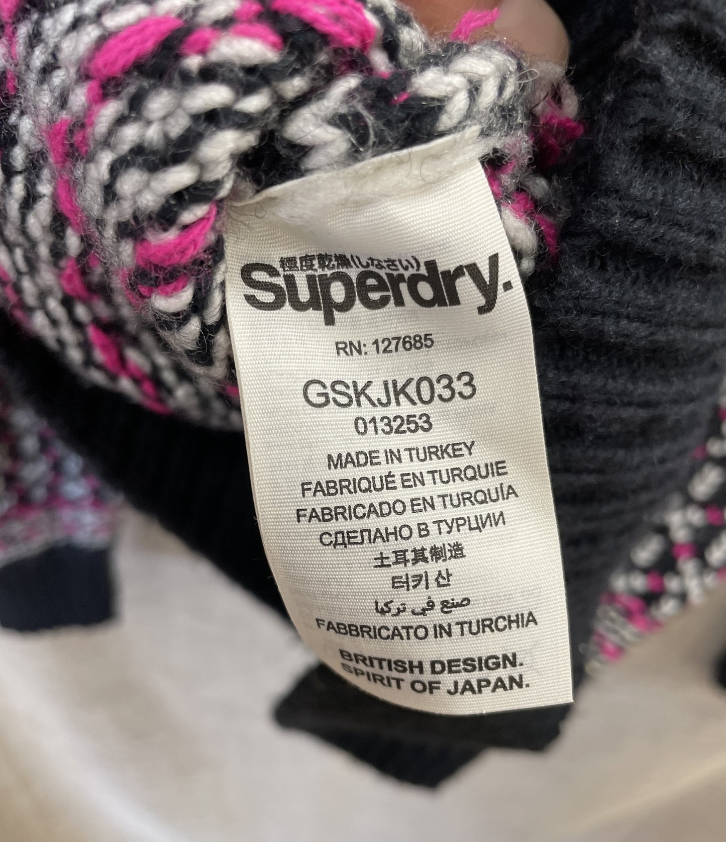 Superdry Vintage Nordic Knit Black, Pink & White Wool Blend Sweater Jumper Extra Small