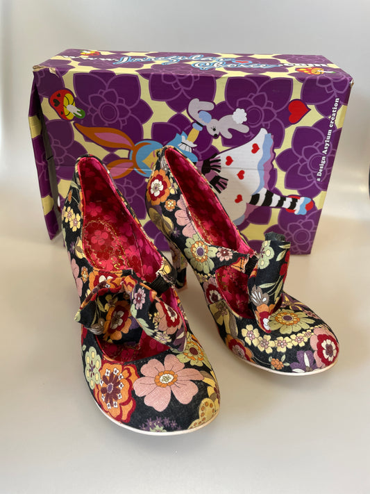 Irregular Choice Tea & Cakes Black Floral Bow Heeled Court Shoes Size 5