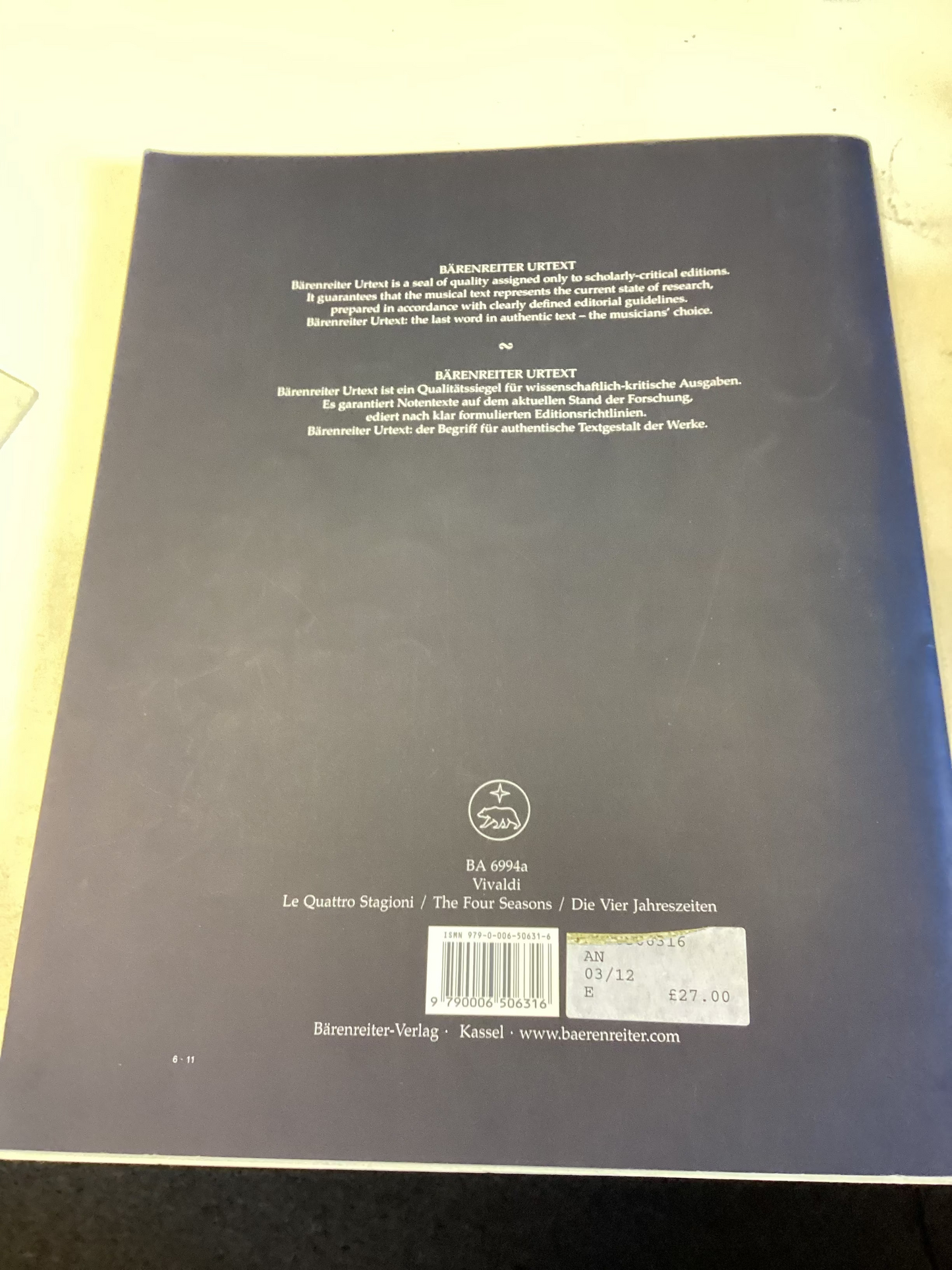 Vivaldi Barenreiter Urtext Le Quattro Stagioni The Four Seasons/ Die Vier Jahreszeiten For Violin and Piano