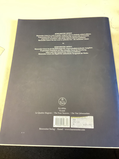 Vivaldi Barenreiter Urtext Le Quattro Stagioni The Four Seasons/ Die Vier Jahreszeiten For Violin and Piano