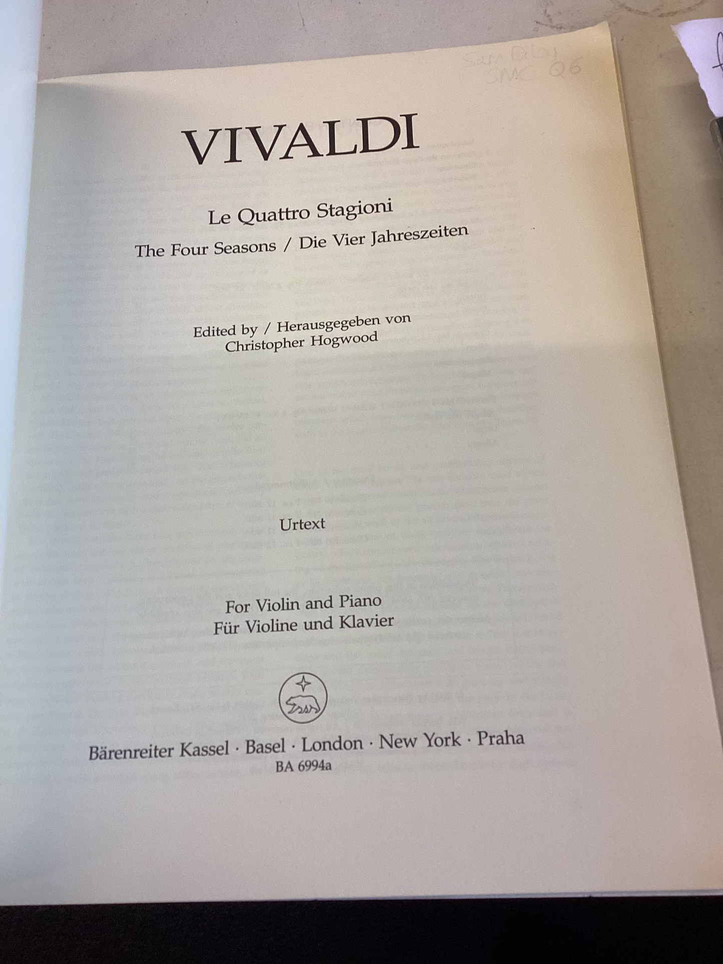Vivaldi Barenreiter Urtext Le Quattro Stagioni The Four Seasons/ Die Vier Jahreszeiten For Violin and Piano