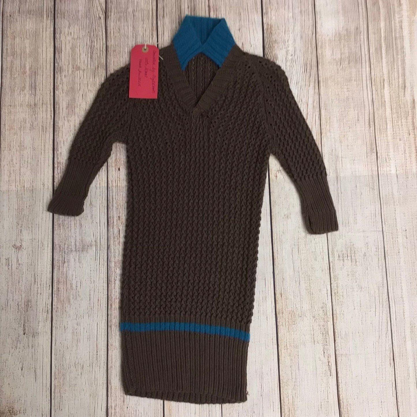 Hand Knitted Brown & Blue 100% Wool Collared Jumper Size M