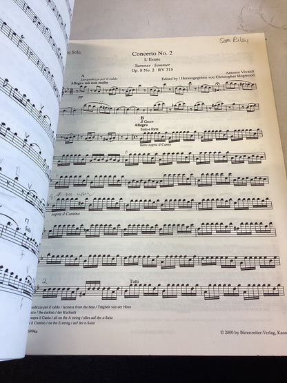 Vivaldi Barenreiter Urtext Le Quattro Stagioni The Four Seasons/ Die Vier Jahreszeiten For Violin and Piano