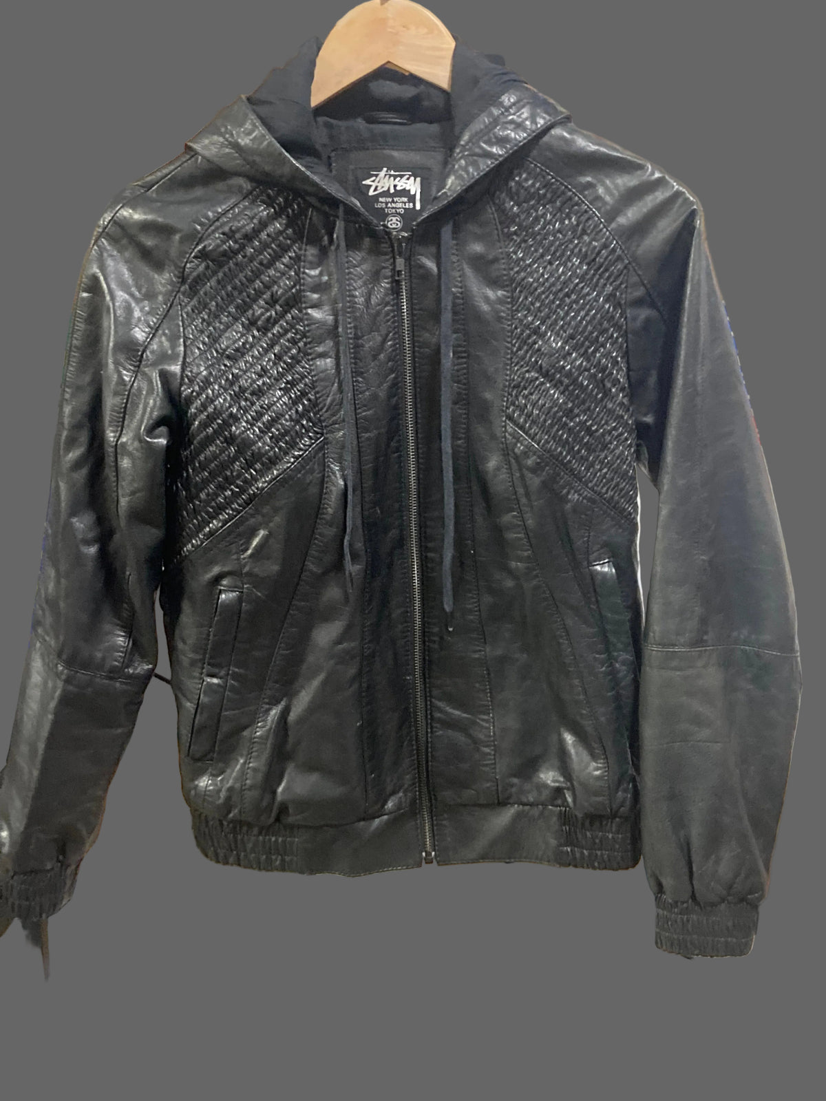 Stussy Black Leather Hooded Bomber Jacket Size 10