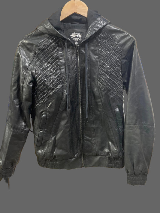 Stussy Black Leather Hooded Bomber Jacket Size 10