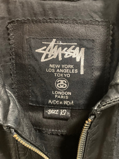 Stussy Black Leather Hooded Bomber Jacket Size 10