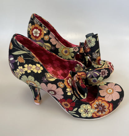 Irregular Choice Tea & Cakes Black Floral Bow Heeled Court Shoes Size 5