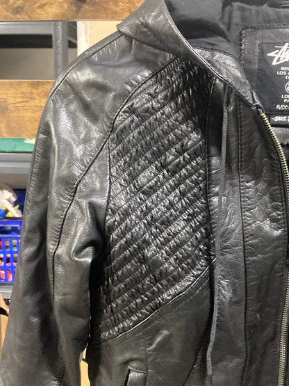 Stussy Black Leather Hooded Bomber Jacket Size 10