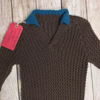 Hand Knitted Brown & Blue 100% Wool Collared Jumper Size M