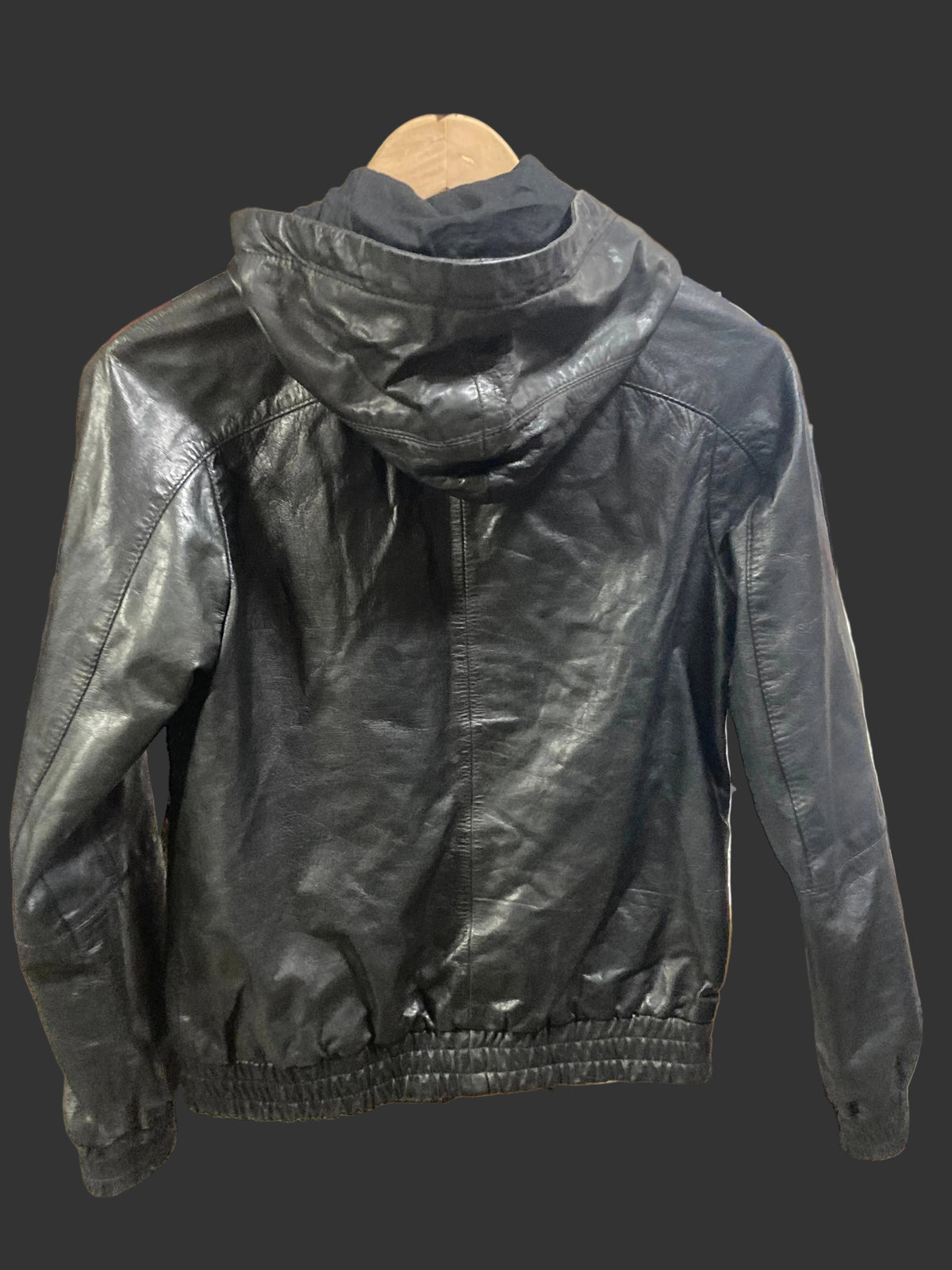 Stussy Black Leather Hooded Bomber Jacket Size 10