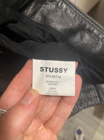 Stussy Black Leather Hooded Bomber Jacket Size 10