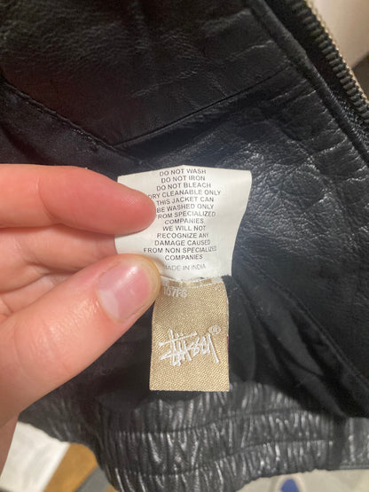 Stussy Black Leather Hooded Bomber Jacket Size 10