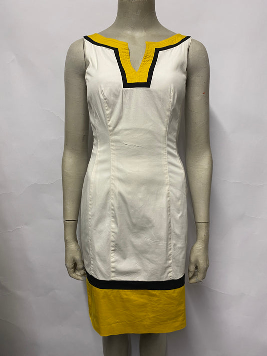 Karen Millen White, Yellow and Black Cotton Sleeveless Bodycon Dress 8