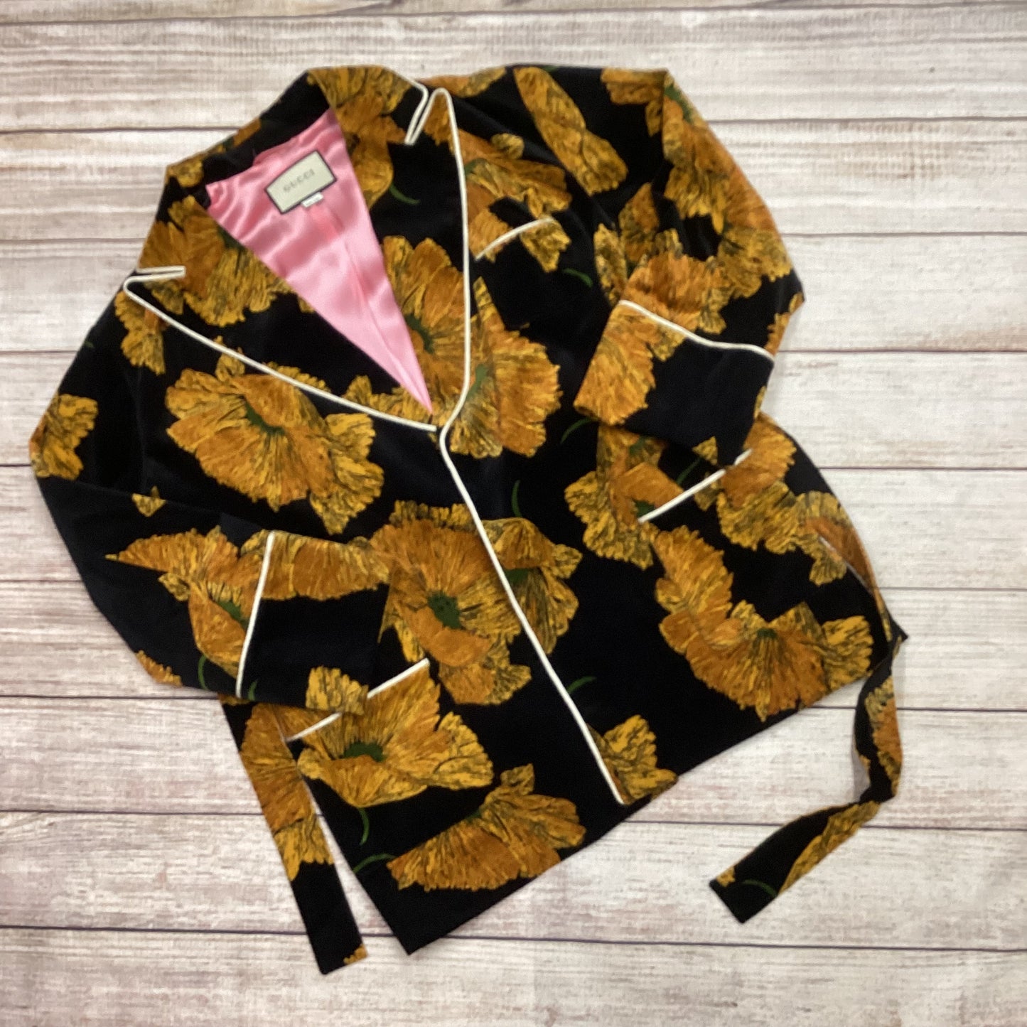 Gucci Black & Yellow Floral Velvet Kimono Style Blazer Jacket Size 42