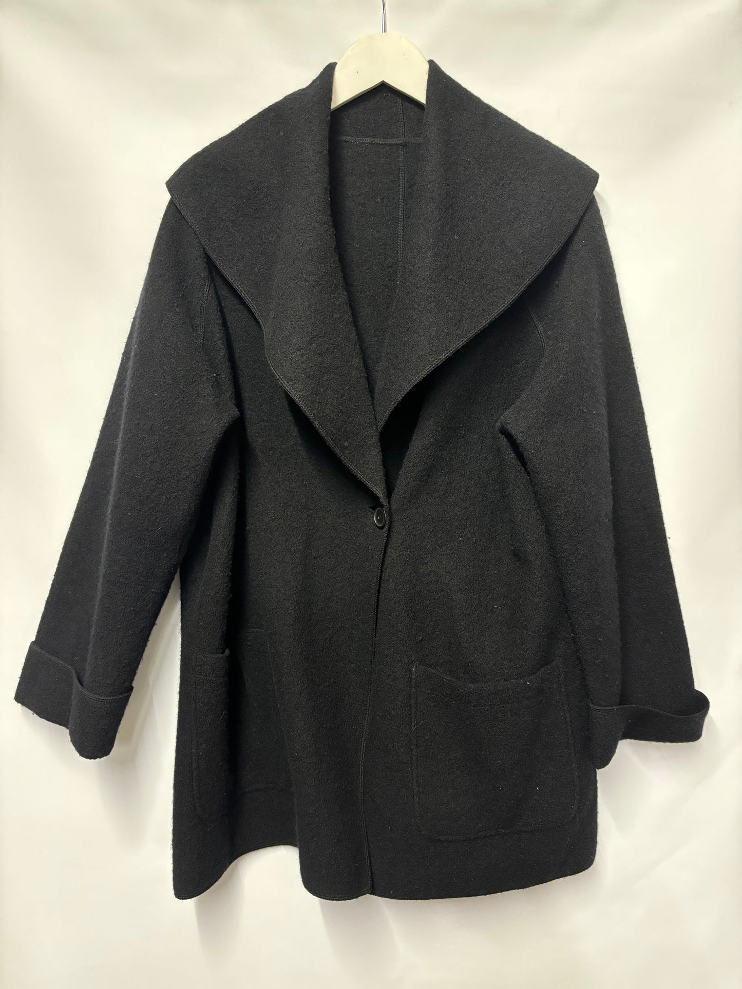 Black Merino Wool Hooded Coat Size Medium