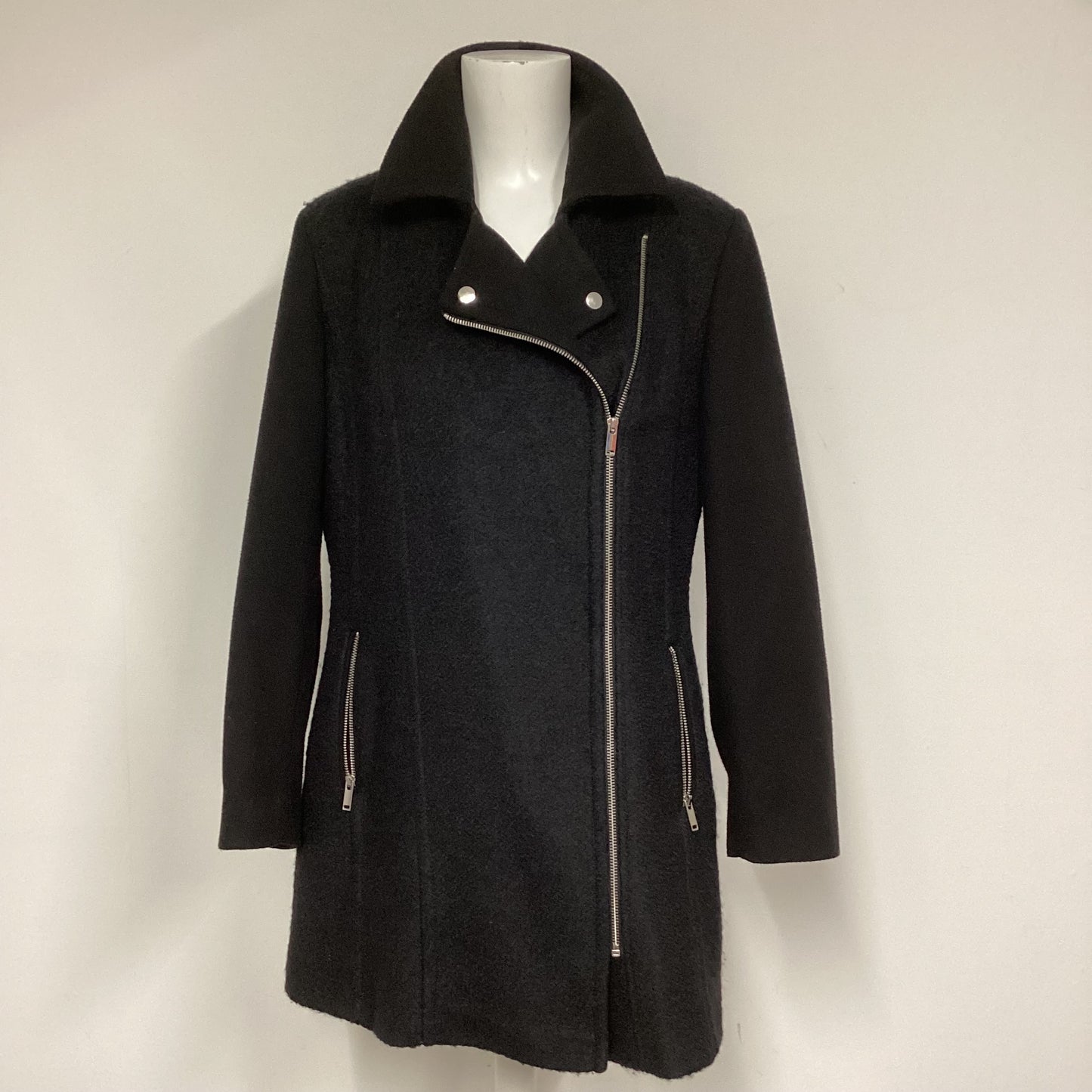 M&S Black Wool Zip Coat Size 14