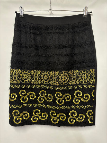 Shanghai Tang Black Pencil Skirt With Gold Embroidery Small