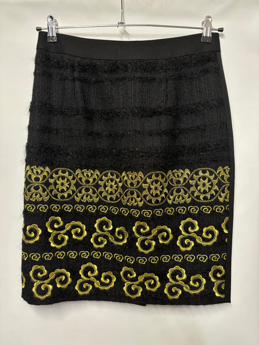 Shanghai Tang Black Pencil Skirt With Gold Embroidery Small