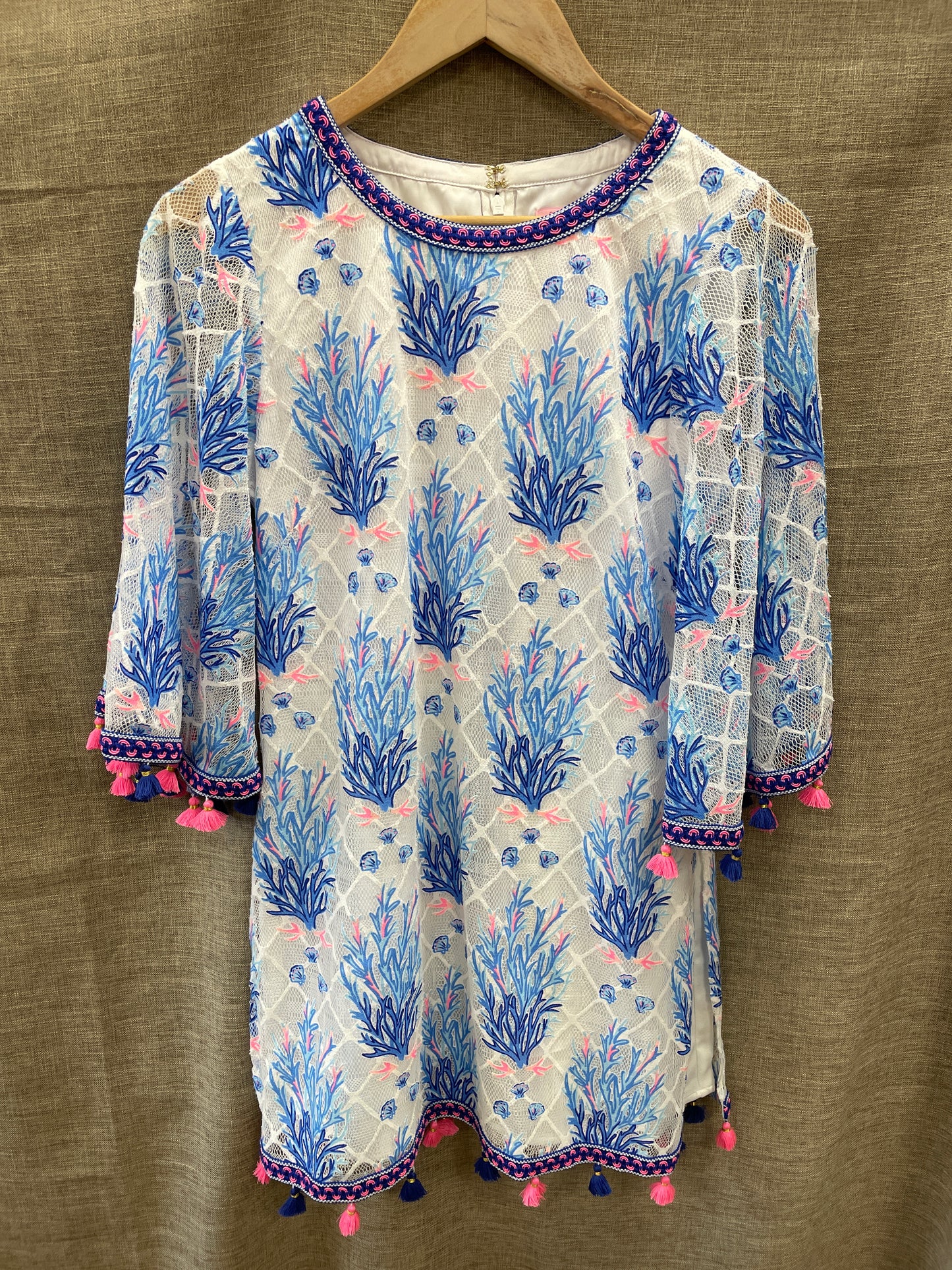 Lilly Pulitzer White & Blue Lace Overlay Smock Tunic Top US