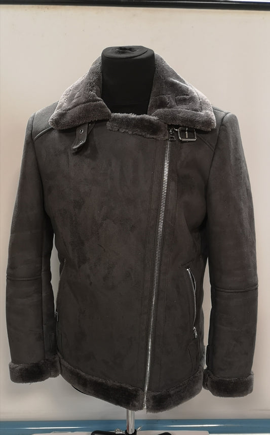 Topshop Dark Grey Vegan Suede Moto Jacket w/ Faux Fur Lining Size 12