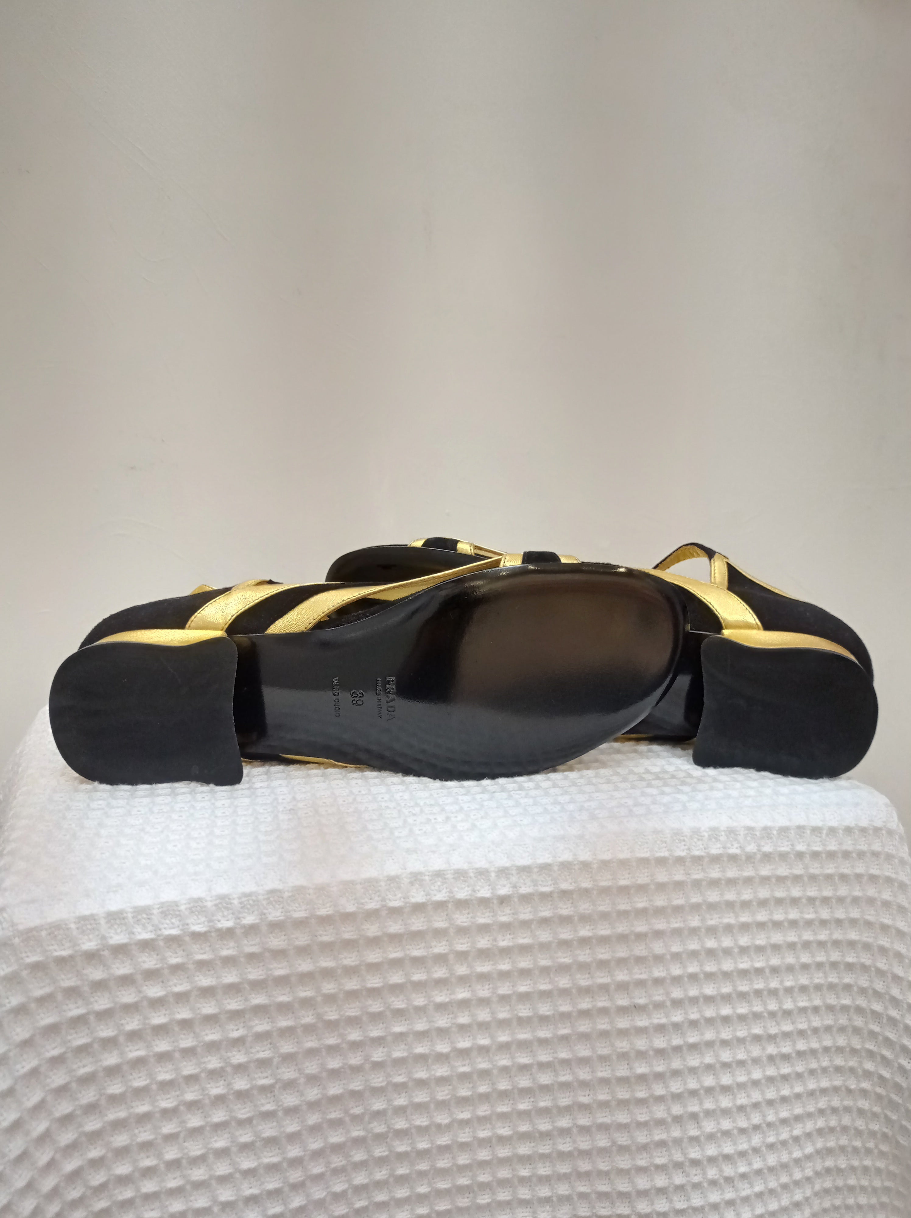 Prada Gold Black Leather Sandals Size 6