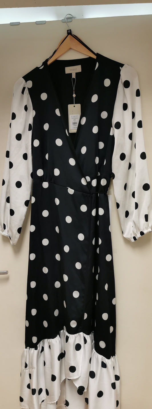 Ladies Coast black and white polka dot wrap dress size 12 BNWT