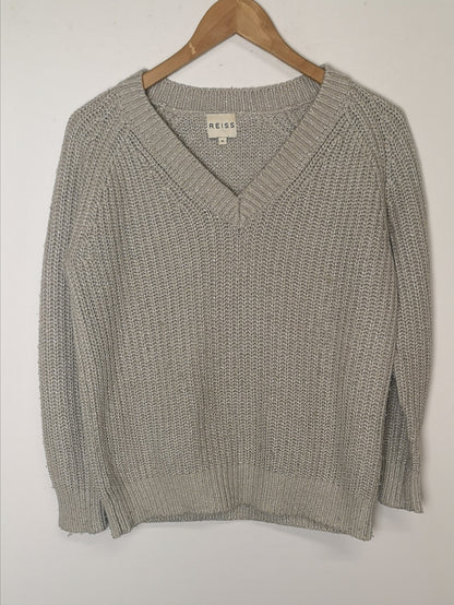 Reiss Willaston Shimmer Grey Knitted V-Neck Sweater Size XS