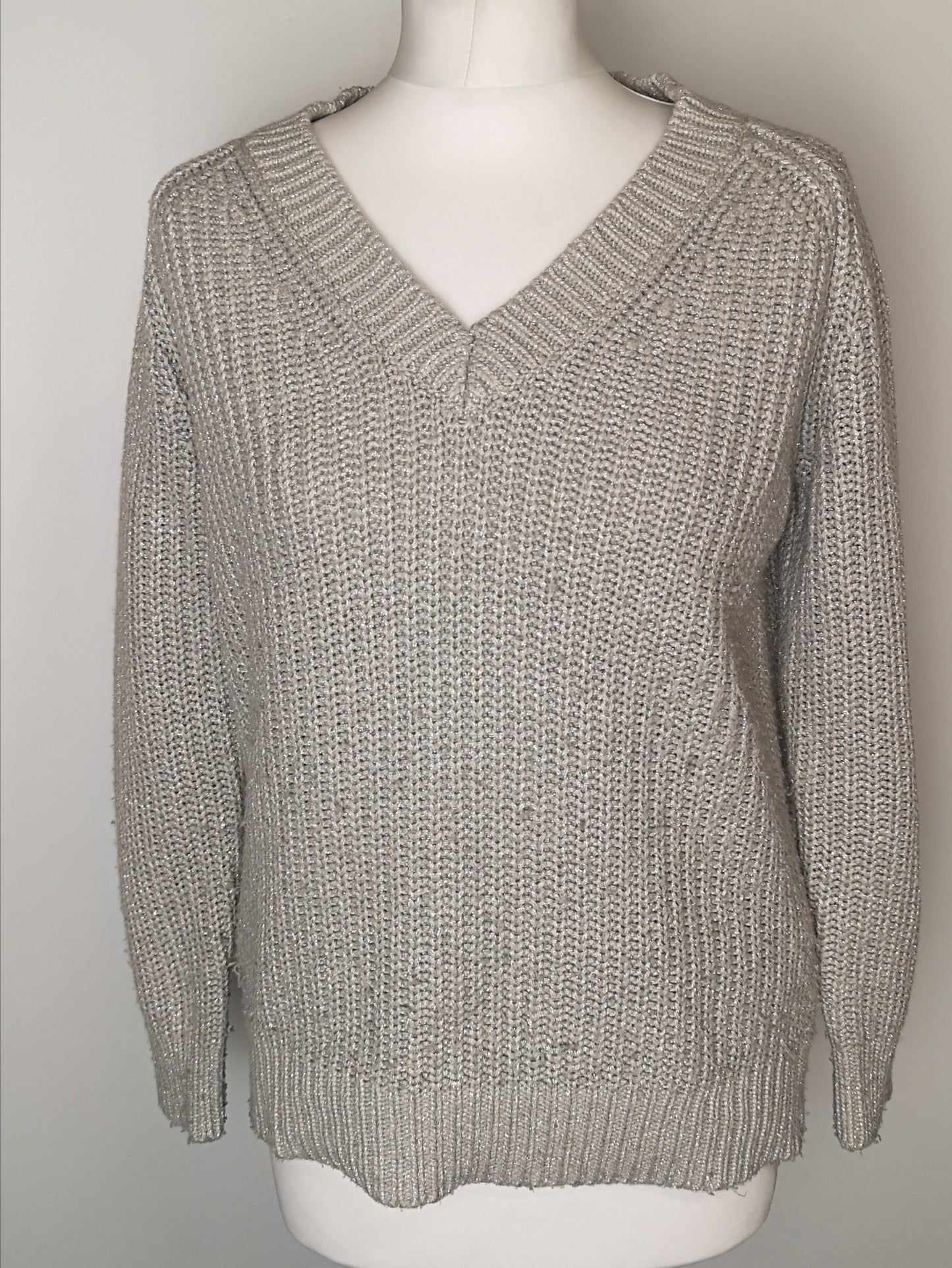 Reiss Willaston Shimmer Grey Knitted V-Neck Sweater Size XS