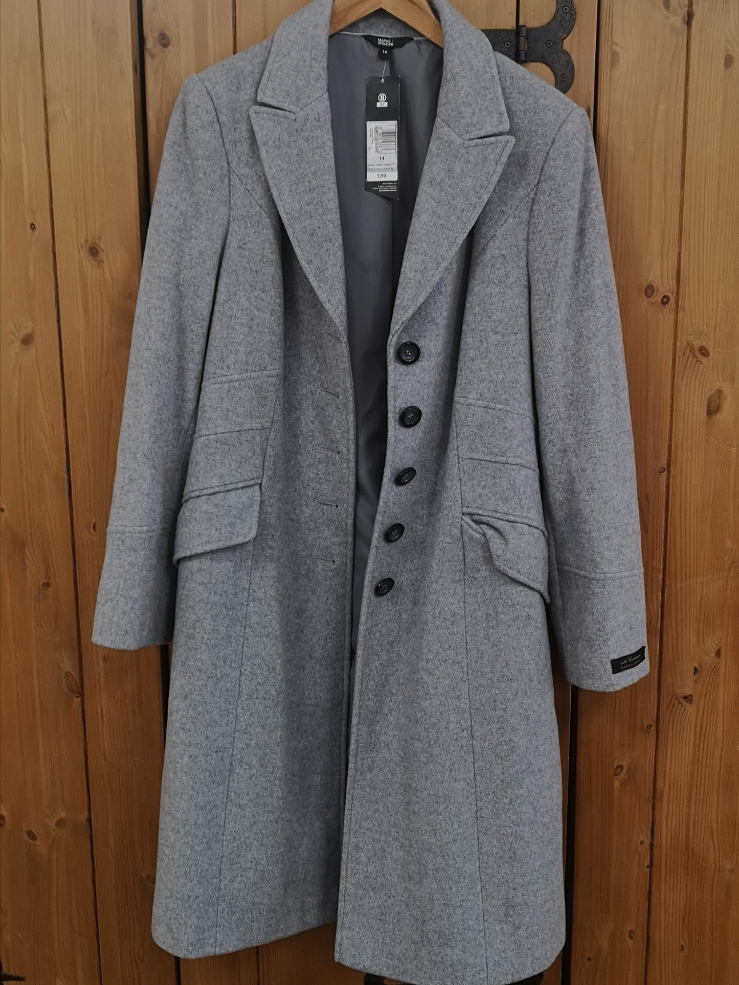 BNWT M&S Grey Italian Fabric w/ Cashmere Long Coat Size 14