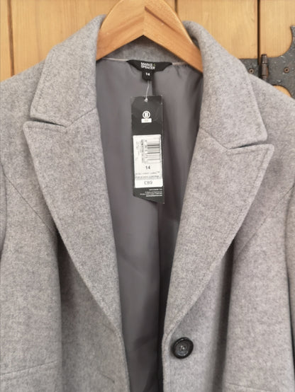 BNWT M&S Grey Italian Fabric w/ Cashmere Long Coat Size 14