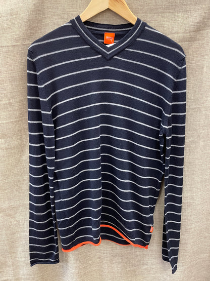 Hugo Boss Navy Stripe V Neck Wool Jumper Size 42 Large